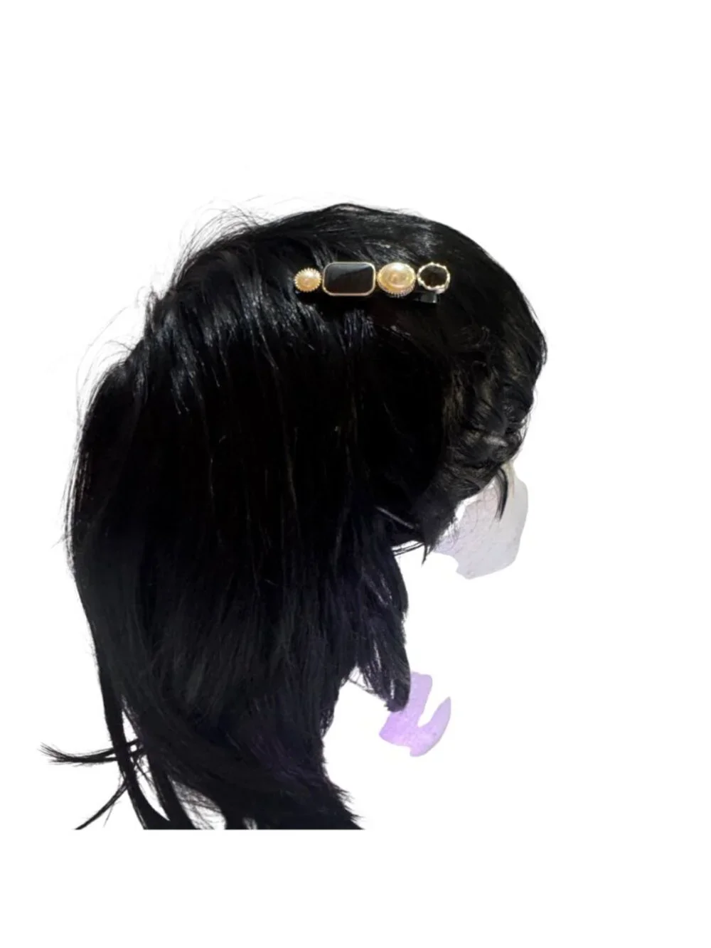 Black & Gold Hair Clip With Faux Pearls & Black Stones Womens Hair Accessory - N